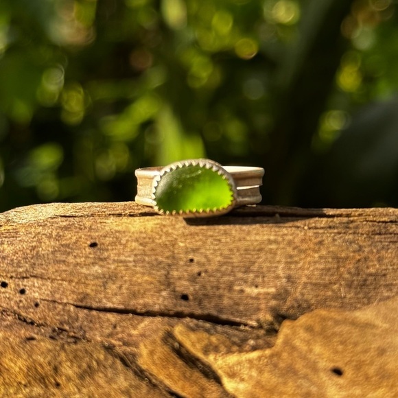 Hand Crafted Jewelry - Lime green sea glass sterling & fine silver thick band